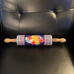 RARE Pioneer Woman Rolling Pin Fiona Floral Retired Ceramic Wood Handles